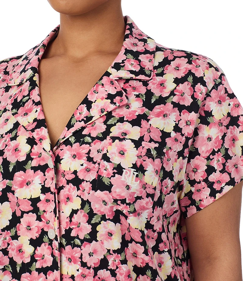 Lauren Ralph Lauren Plus Size Floral Print Short Sleeve Notch Collar Knit Pajama Set
