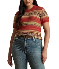 Lauren Ralph Lauren Plus Size Geometric Stripe Ribbed Crew Neck Short Sleeve Pullover Sweater