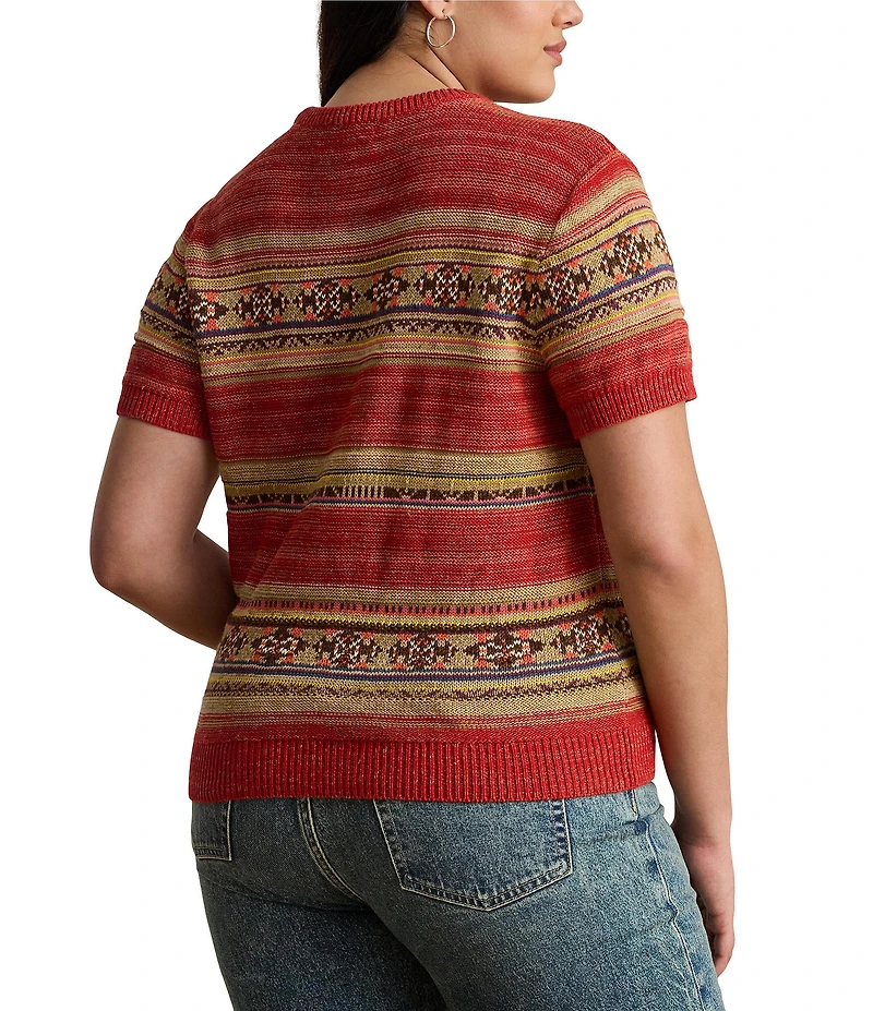 Lauren Ralph Lauren Plus Size Geometric Stripe Ribbed Crew Neck Short Sleeve Pullover Sweater