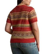 Lauren Ralph Lauren Plus Size Geometric Stripe Ribbed Crew Neck Short Sleeve Pullover Sweater