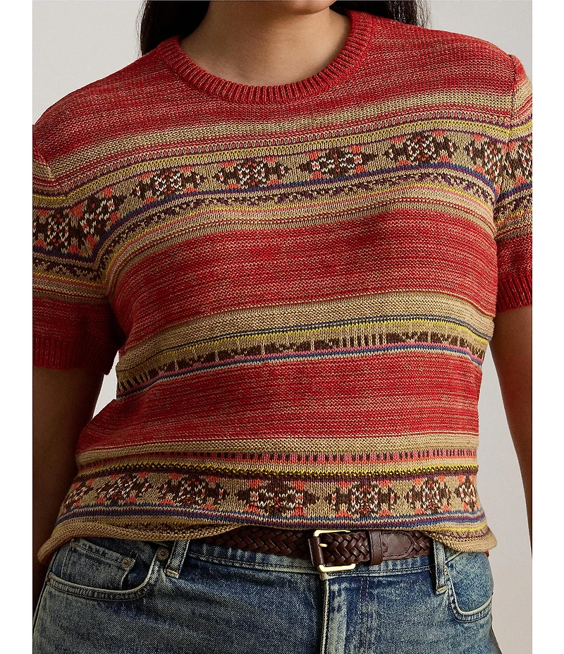 Lauren Ralph Lauren Plus Size Geometric Stripe Ribbed Crew Neck Short Sleeve Pullover Sweater