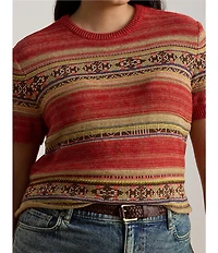 Lauren Ralph Lauren Plus Size Geometric Stripe Ribbed Crew Neck Short Sleeve Pullover Sweater