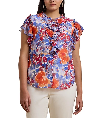 Lauren Ralph Lauren Plus Size Georgette Floral Ruffle Trim V-Neck Flutter Sleeve Blouse
