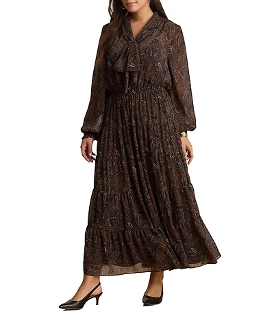Lauren Ralph Lauren Plus Size Georgette Paisley Print V-Neck Long Sleeve Tiered Skirt A-Line Dress