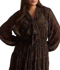 Lauren Ralph Lauren Plus Size Georgette Paisley Print V-Neck Long Sleeve Tiered Skirt A-Line Dress