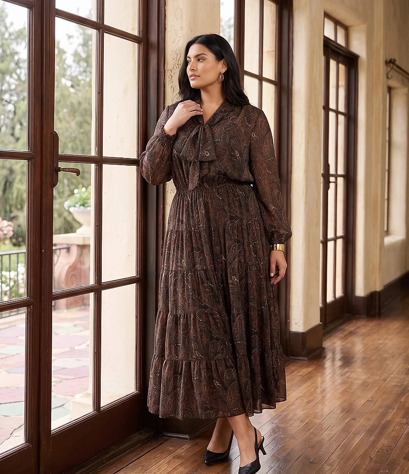Lauren Ralph Lauren Plus Size Georgette Paisley Print V-Neck Long Sleeve Tiered Skirt A-Line Dress