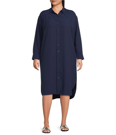 Lauren Ralph Lauren Plus Size Georgette Spread Collar Long Sleeve Shirtdress