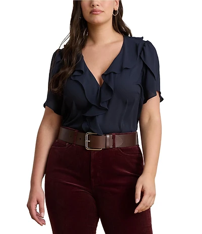 Lauren Ralph Lauren Plus Size Georgette V-Neck Short Tulip Sleeve Ruffled Blouse