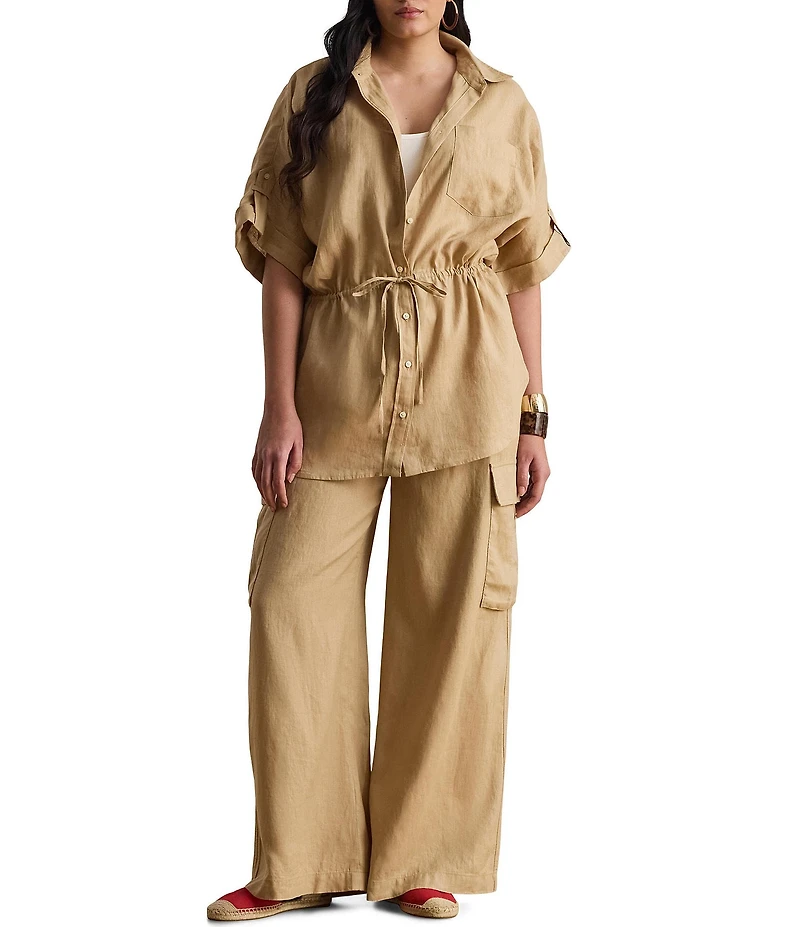 Lauren Ralph Lauren Plus Size High Rise Wide Leg Linen Cargo Pants