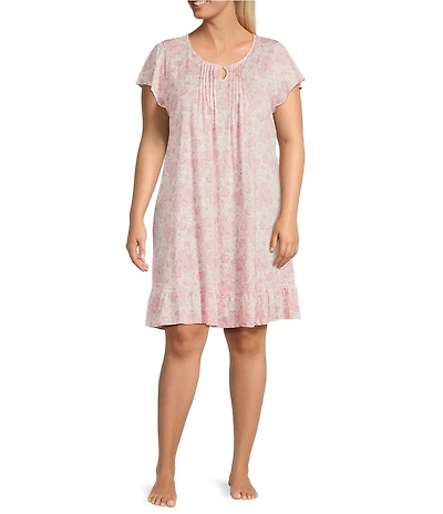 Lauren Ralph Lauren Plus Size Jersey Knit Floral Flutter Sleeve Scoop Neck Short Nightgown