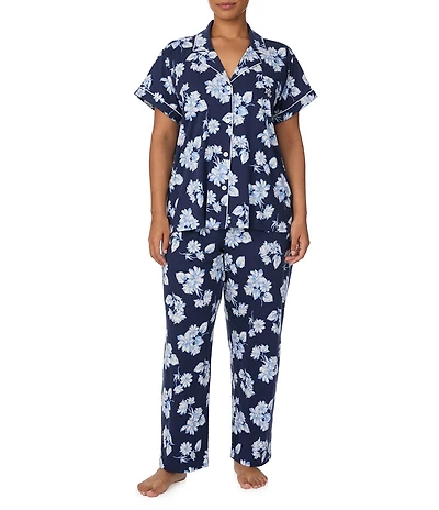 Lauren Ralph Lauren Plus Size Jersey Knit Floral Print Short Sleeve Notch Collar Long Pajama Set