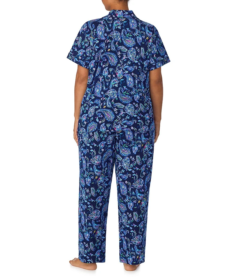 Lauren Ralph Lauren Plus Size Jersey Knit Paisley Print Short Sleeve Notch Collar Long Pajama Set