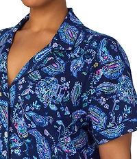 Lauren Ralph Lauren Plus Size Jersey Knit Paisley Print Short Sleeve Notch Collar Long Pajama Set