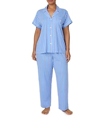 Lauren Ralph Lauren Plus Size Jersey Knit Striped Print Short Sleeve Notch Collar Long Pajama Set