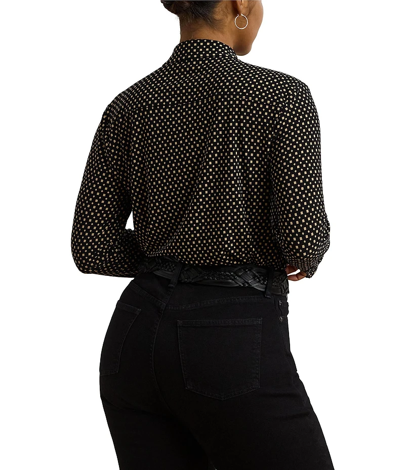 Lauren Ralph Lauren Plus Size Jersey Two-Tone Geometric Collared Long Sleeve Button Front Shirt