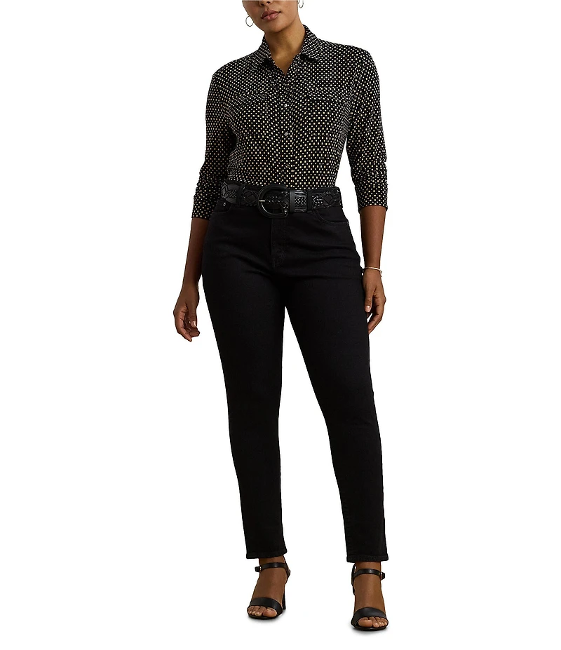 Lauren Ralph Lauren Plus Size Jersey Two-Tone Geometric Collared Long Sleeve Button Front Shirt