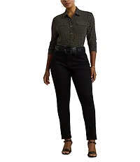 Lauren Ralph Lauren Plus Size Jersey Two-Tone Geometric Collared Long Sleeve Button Front Shirt