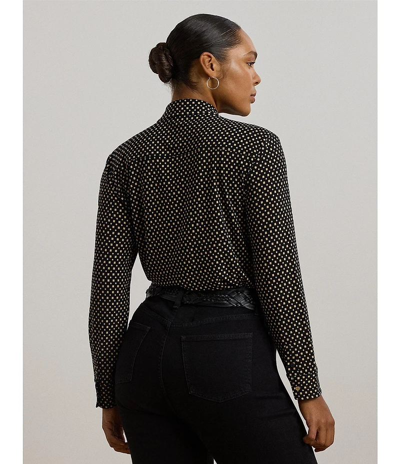 Lauren Ralph Lauren Plus Size Jersey Two-Tone Geometric Collared Long Sleeve Button Front Shirt