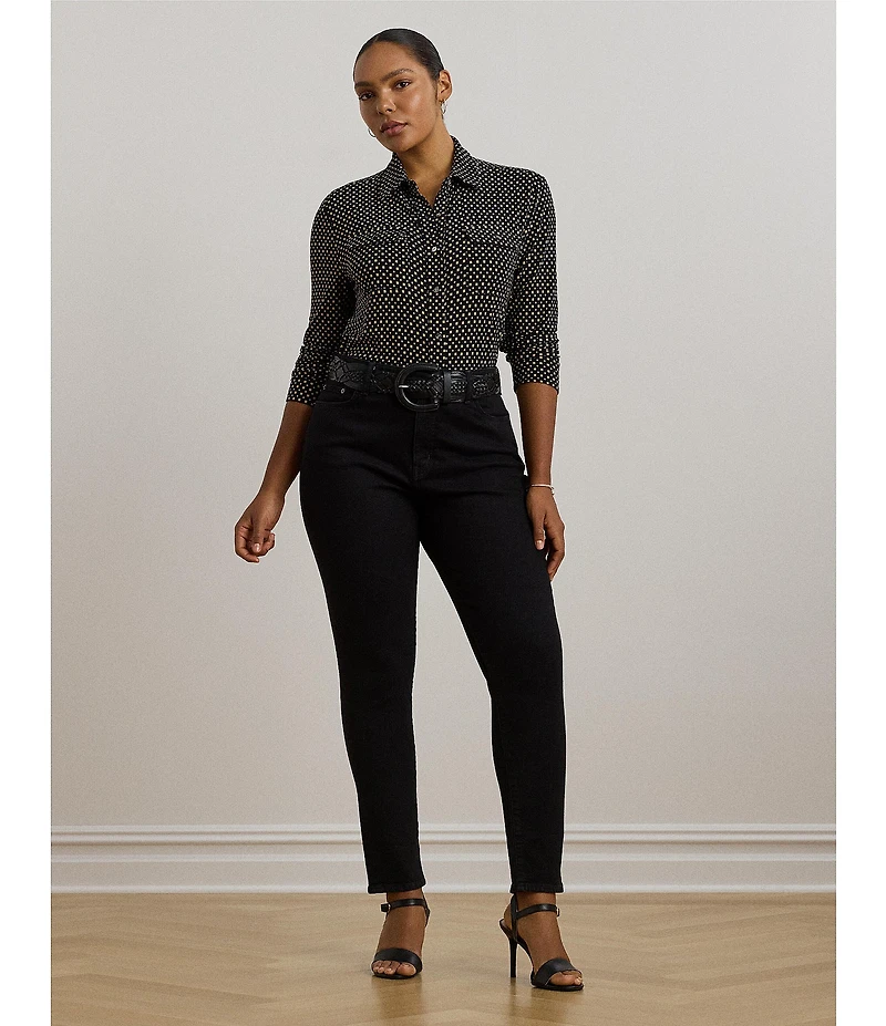 Lauren Ralph Lauren Plus Size Jersey Two-Tone Geometric Collared Long Sleeve Button Front Shirt