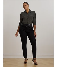 Lauren Ralph Lauren Plus Size Jersey Two-Tone Geometric Collared Long Sleeve Button Front Shirt