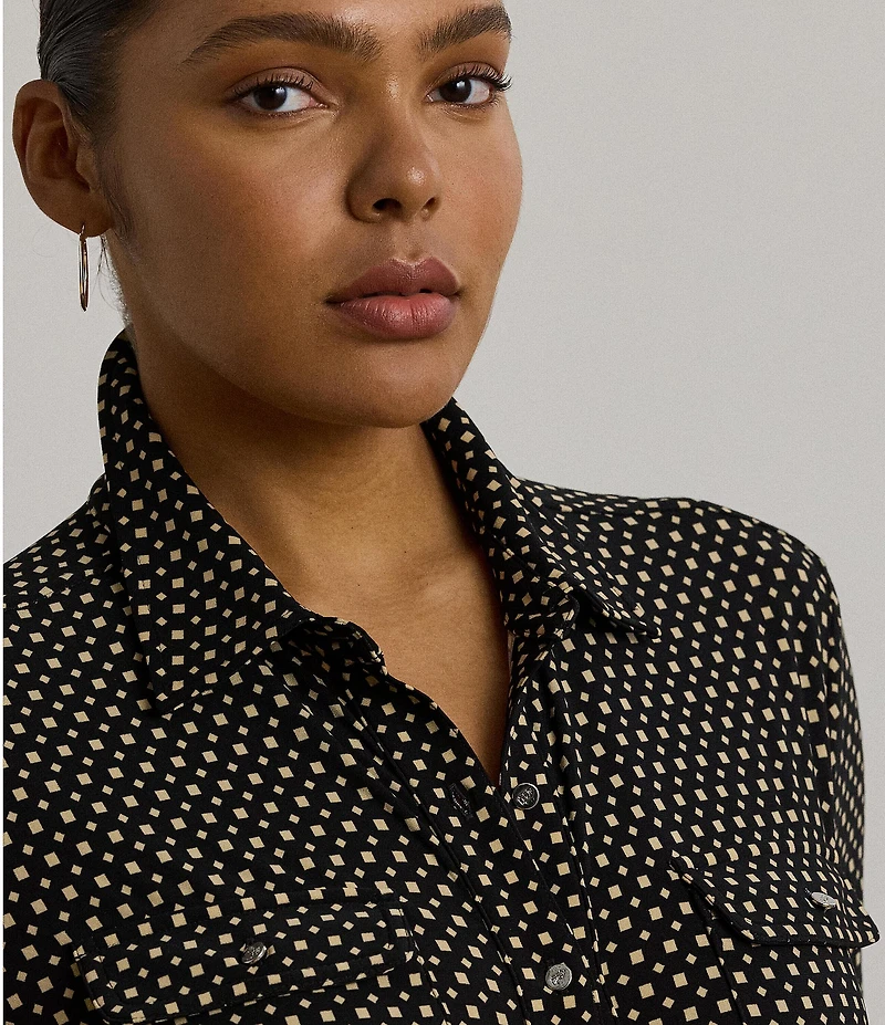 Lauren Ralph Lauren Plus Size Jersey Two-Tone Geometric Collared Long Sleeve Button Front Shirt