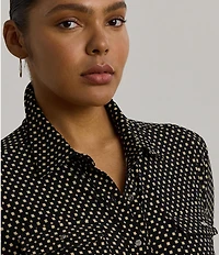 Lauren Ralph Lauren Plus Size Jersey Two-Tone Geometric Collared Long Sleeve Button Front Shirt