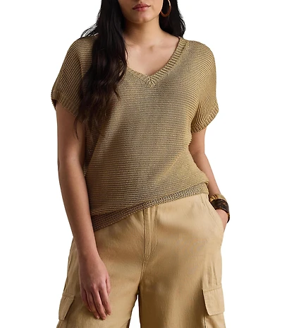 Lauren Ralph Lauren Plus Size Linen-Blend Ribbed V-Neck Short Dolman Sleeve Sweater