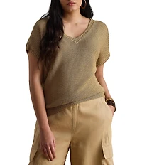 Lauren Ralph Lauren Plus Size Linen-Blend Ribbed V-Neck Short Dolman Sleeve Sweater