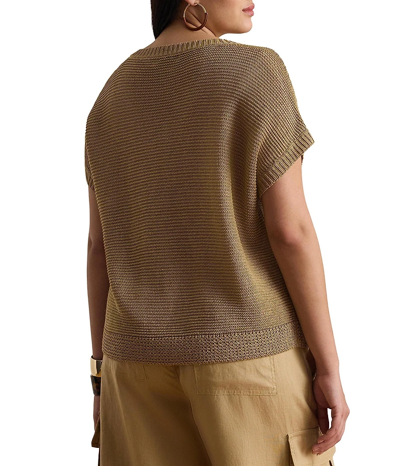 Lauren Ralph Lauren Plus Size Linen-Blend Ribbed V-Neck Short Dolman Sleeve Sweater