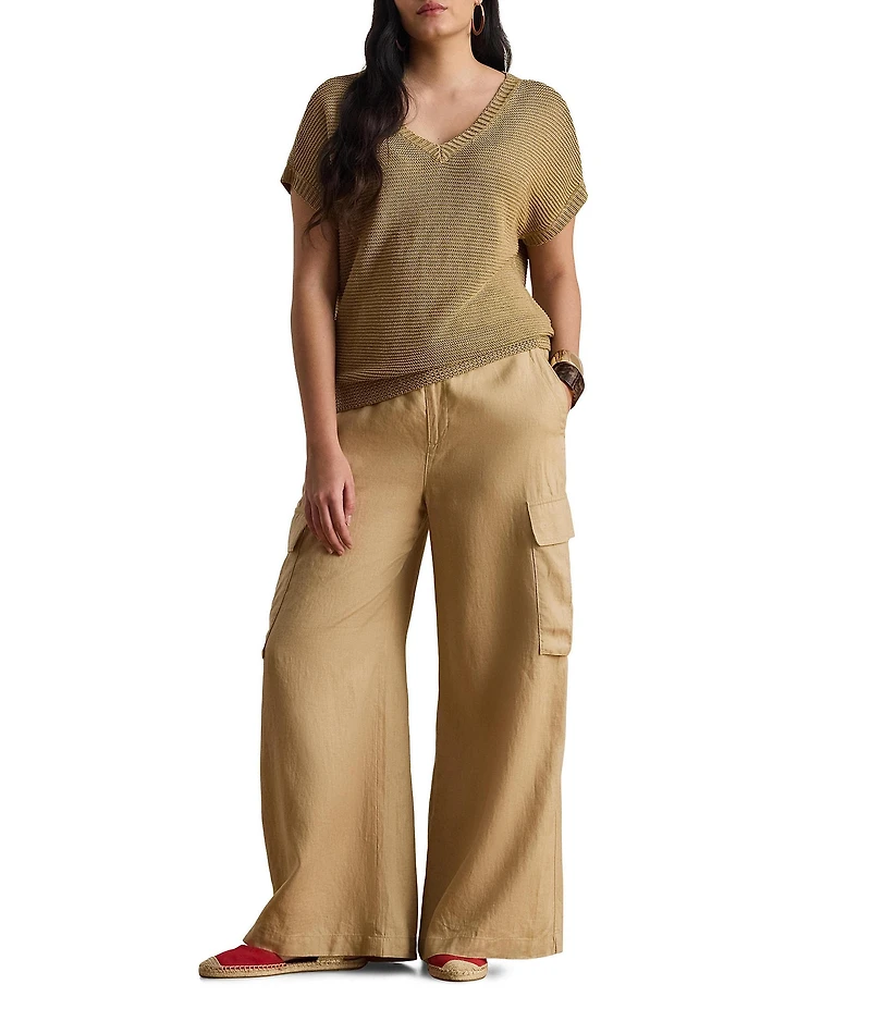 Lauren Ralph Lauren Plus Size Linen-Blend Ribbed V-Neck Short Dolman Sleeve Sweater