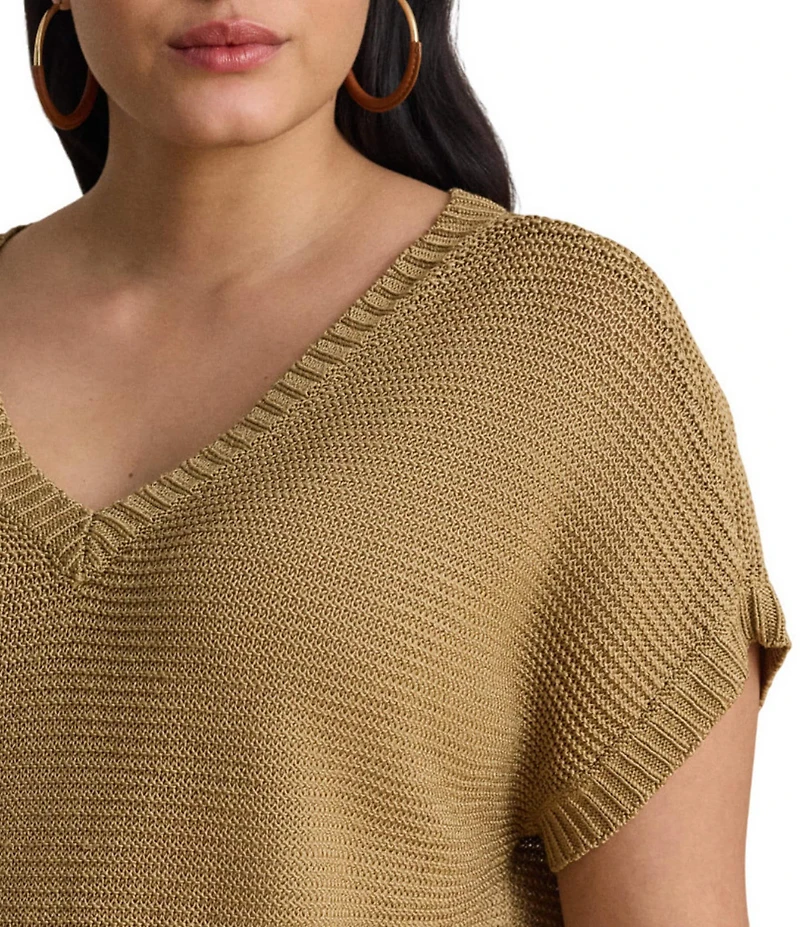Lauren Ralph Lauren Plus Size Linen-Blend Ribbed V-Neck Short Dolman Sleeve Sweater
