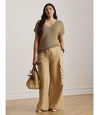 Lauren Ralph Lauren Plus Size Linen-Blend Ribbed V-Neck Short Dolman Sleeve Sweater