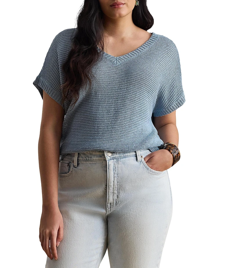 Lauren Ralph Lauren Plus Size Linen-Blend Ribbed V-Neck Short Dolman Sleeve Sweater
