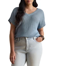 Lauren Ralph Lauren Plus Size Linen-Blend Ribbed V-Neck Short Dolman Sleeve Sweater