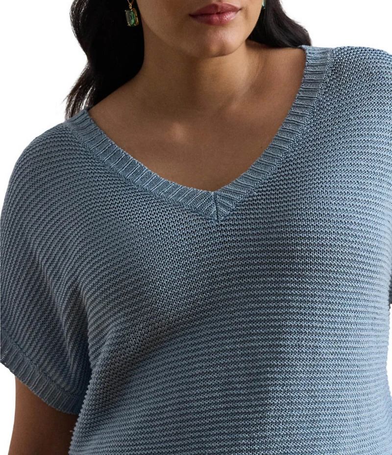 Lauren Ralph Lauren Plus Size Linen-Blend Ribbed V-Neck Short Dolman Sleeve Sweater