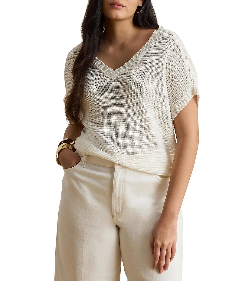 Lauren Ralph Lauren Plus Size Linen-Blend Ribbed V-Neck Short Dolman Sleeve Sweater