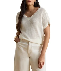 Lauren Ralph Lauren Plus Size Linen-Blend Ribbed V-Neck Short Dolman Sleeve Sweater