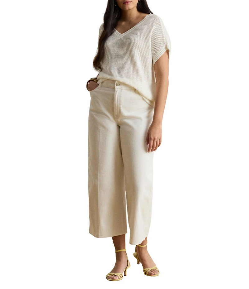 Lauren Ralph Lauren Plus Size Linen-Blend Ribbed V-Neck Short Dolman Sleeve Sweater