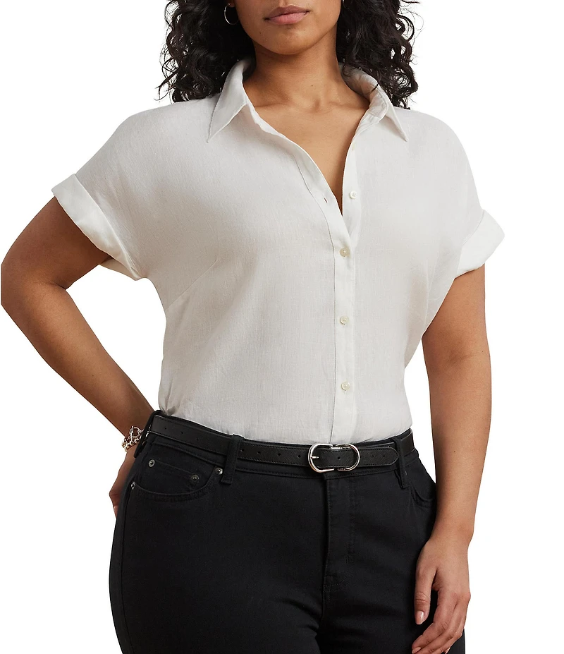 Lauren Ralph Lauren Plus Size Point Collar Short Sleeve Linen Shirt