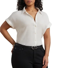 Lauren Ralph Lauren Plus Size Point Collar Short Sleeve Linen Shirt