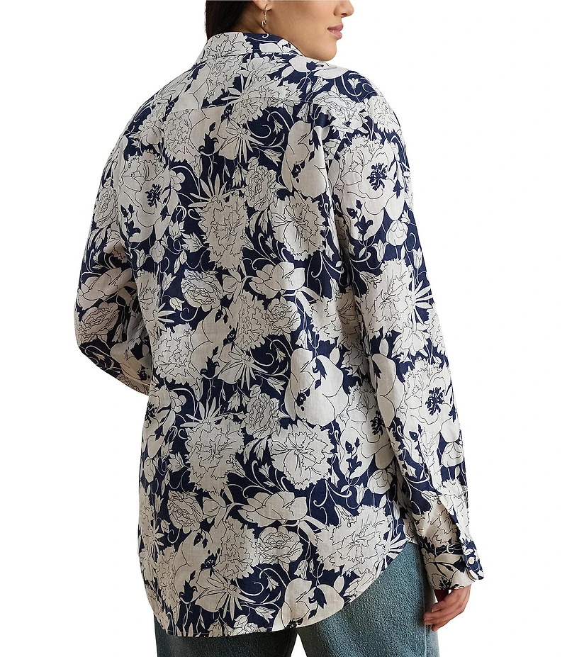 Lauren Ralph Lauren Plus Size Linen Floral Point Collar Long Roll-Tab Sleeve Button-Front Shirt