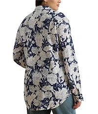Lauren Ralph Lauren Plus Size Linen Floral Point Collar Long Roll-Tab Sleeve Button-Front Shirt