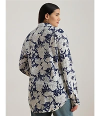 Lauren Ralph Lauren Plus Size Linen Floral Point Collar Long Roll-Tab Sleeve Button-Front Shirt