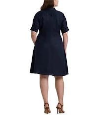 Lauren Ralph Lauren Plus Size Linen Short Sleeve Button Down Self-Tie Waist Shirt Dress