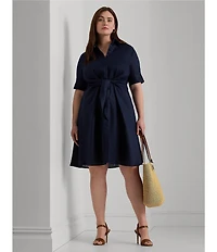 Lauren Ralph Lauren Plus Size Linen Short Sleeve Button Down Self-Tie Waist Shirt Dress