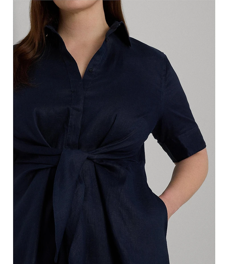 Lauren Ralph Lauren Plus Size Linen Short Sleeve Button Down Self-Tie Waist Shirt Dress