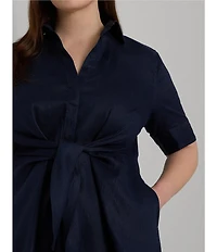 Lauren Ralph Lauren Plus Size Linen Short Sleeve Button Down Self-Tie Waist Shirt Dress
