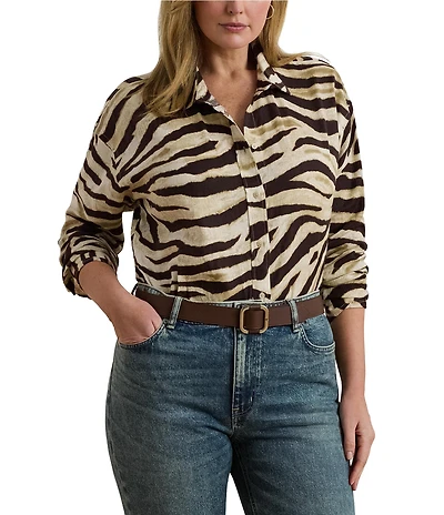 Lauren Ralph Lauren Plus Size Linen Zebra Print Point Collar Long Sleeve Button-Front Shirt