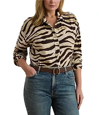 Lauren Ralph Lauren Plus Size Linen Zebra Print Point Collar Long Sleeve Button-Front Shirt