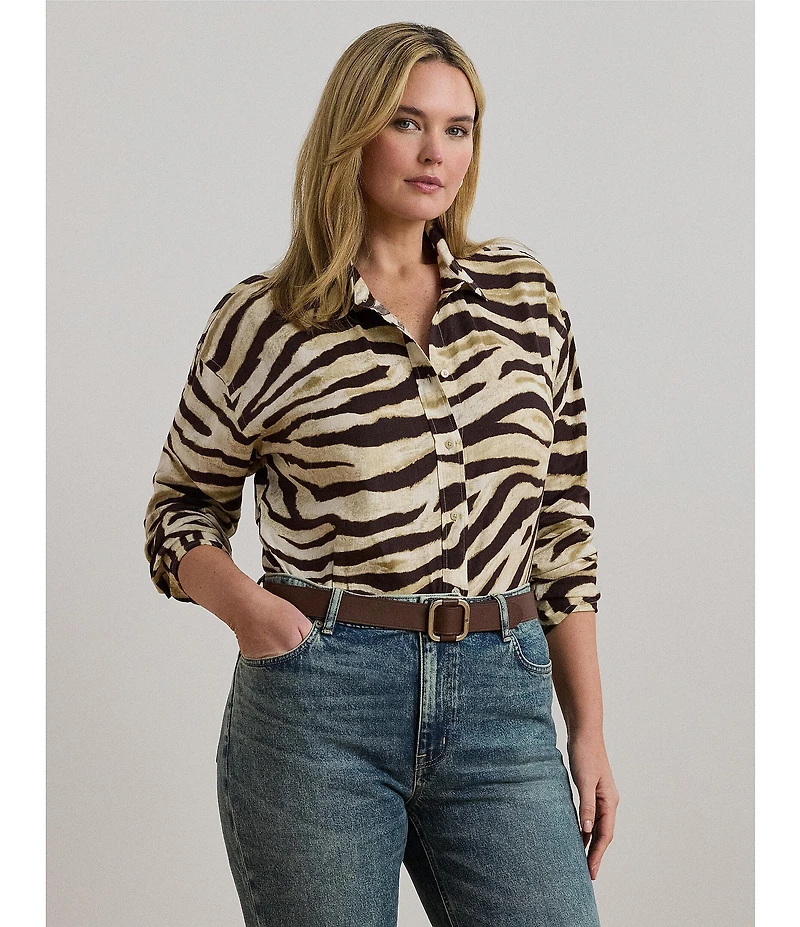 Lauren Ralph Lauren Plus Size Linen Zebra Print Point Collar Long Sleeve Button-Front Shirt